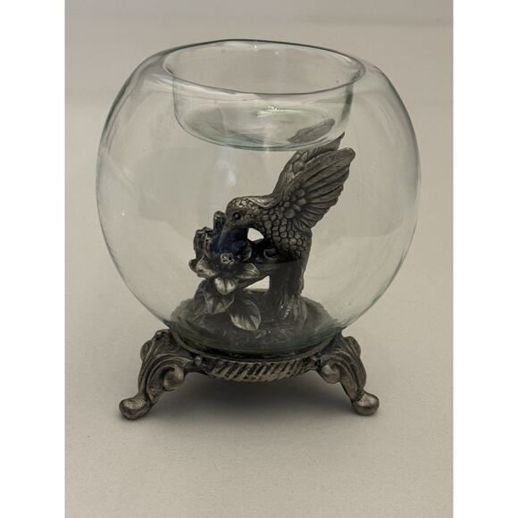 Vintage Glass Globe Pewter Bird Flower Tea Light Candle Holder - Picture 1 of 13